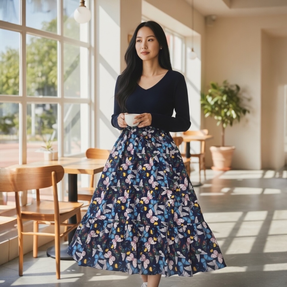 Floral Butterfly Tiered Midi Dress - Navy